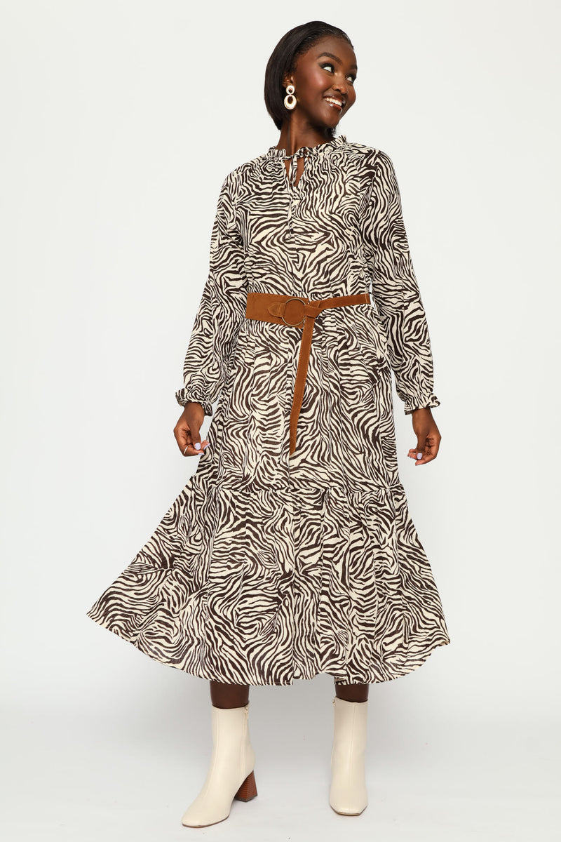 Long Sleeve Belted Boho Tiered Maxi Dress - White/Chocolate