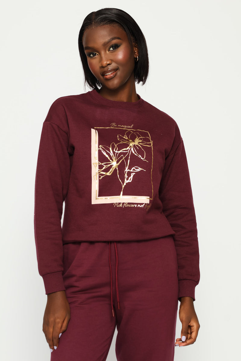 Long Sleeve Print Screen Pullover - Plum