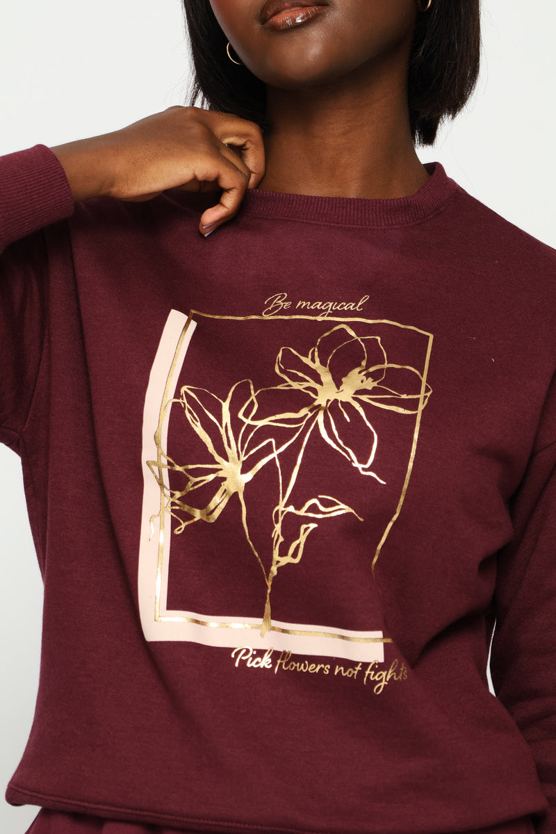 Long Sleeve Print Screen Pullover - Plum