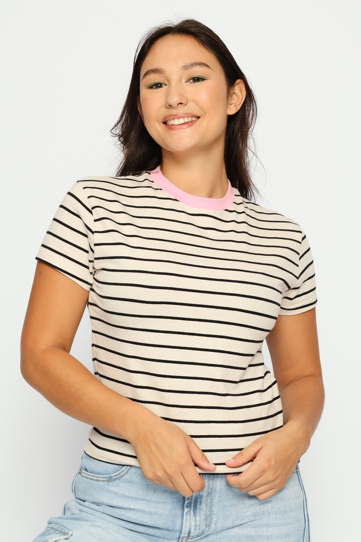 Contrast Neckline Stripe Tee - Cream