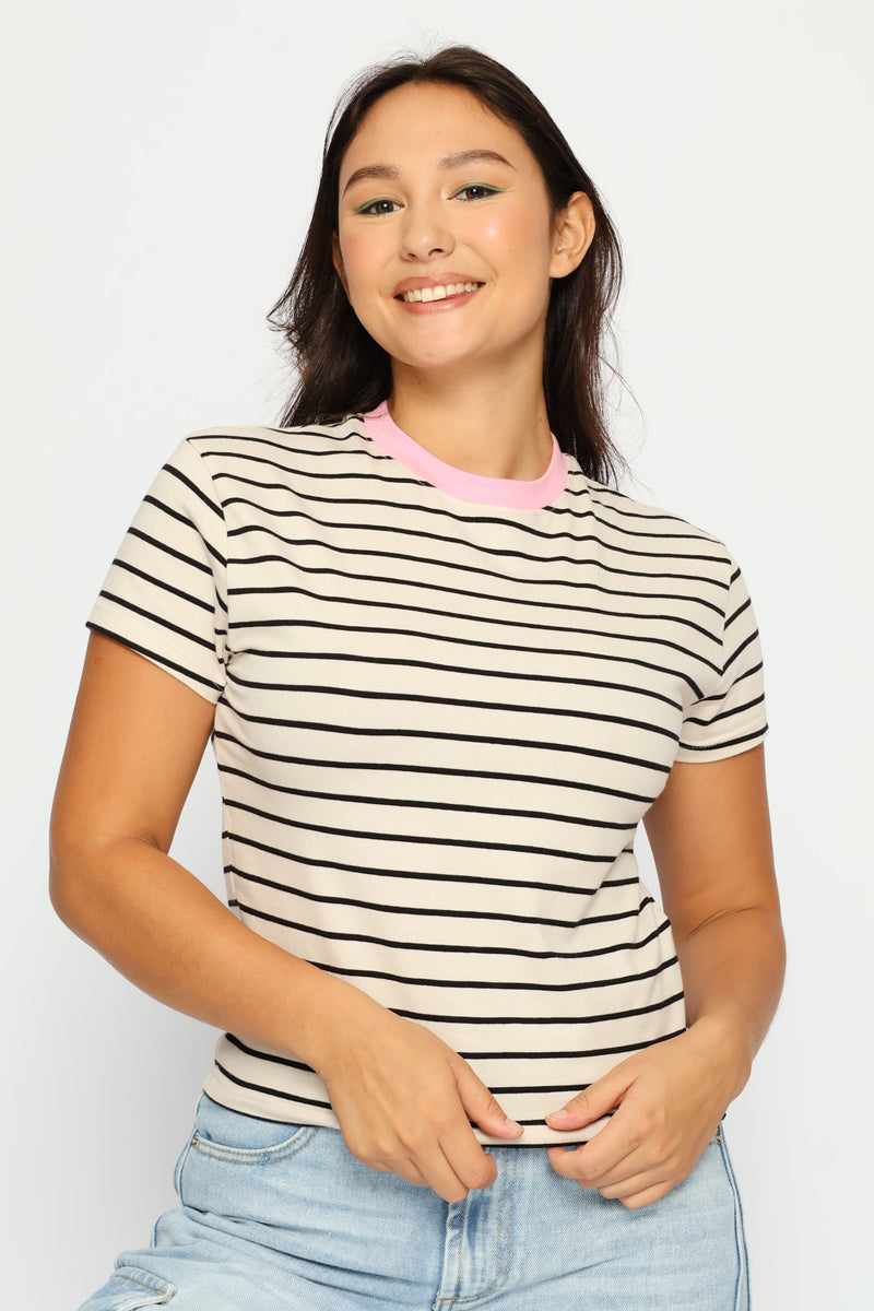 Contrast Neckline Stripe Tee - Cream