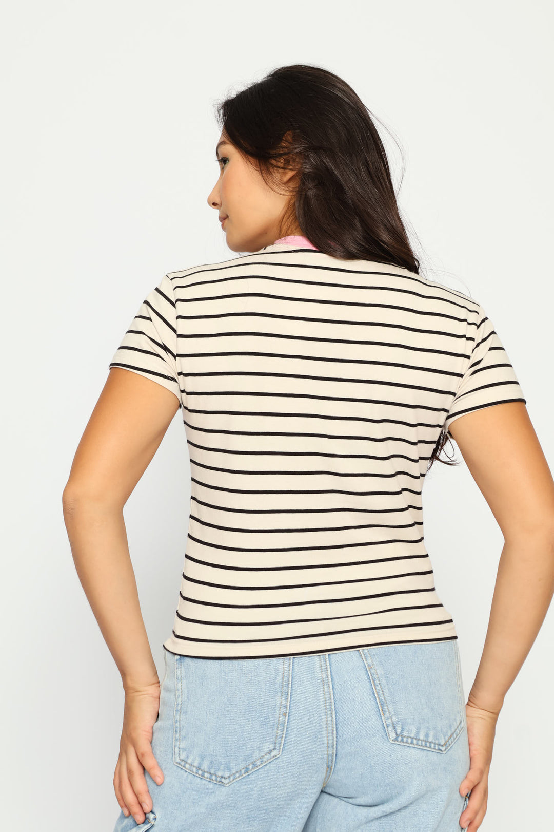 Contrast Neckline Stripe Tee - Cream