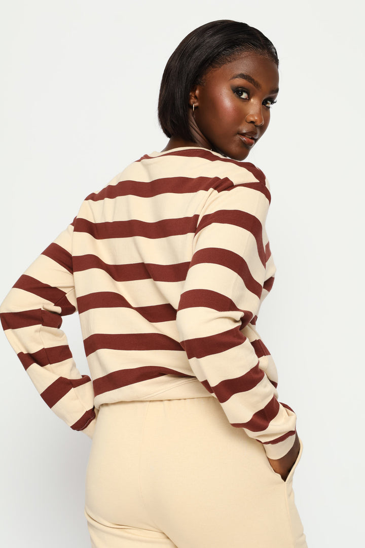 Crème De La Crème Puff Print Stripe Pullover - Dark Chocolate/Fawn
