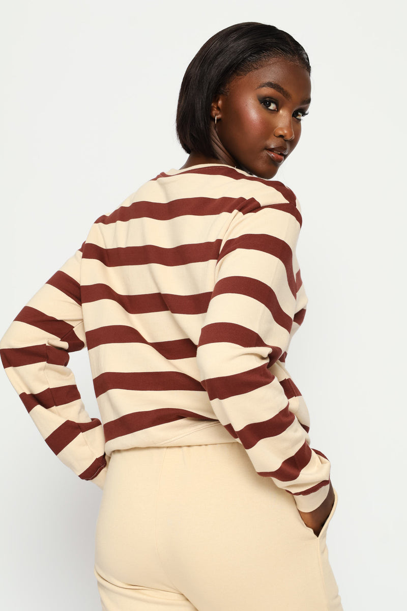 Crème De La Crème Puff Print Stripe Pullover - Dark Chocolate/Fawn