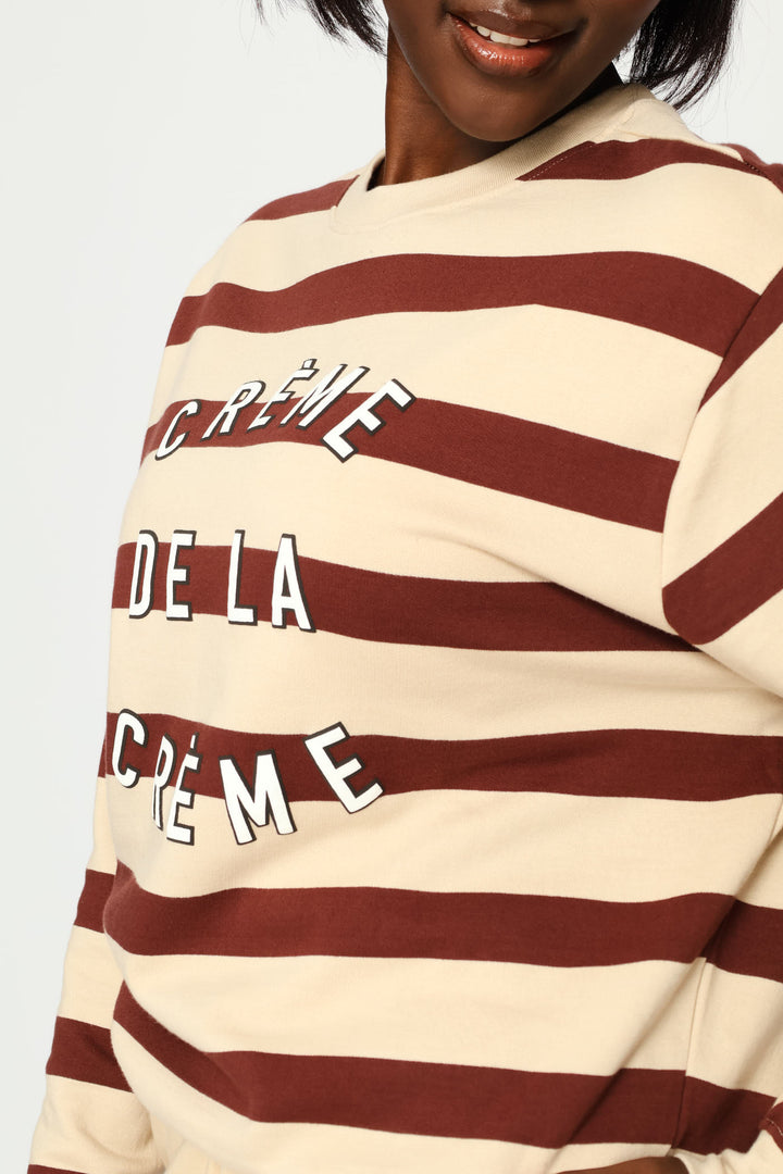 Crème De La Crème Puff Print Stripe Pullover - Dark Chocolate/Fawn