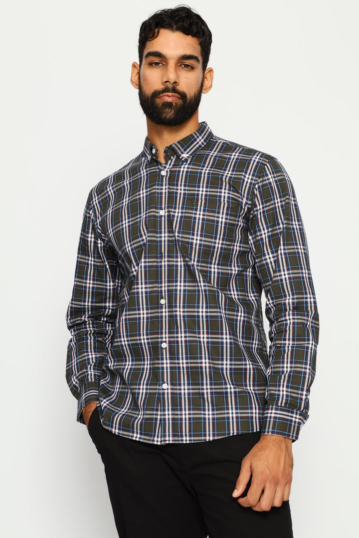 Long Sleeve Button Down Check Shirt - Fatigue/Blue/White