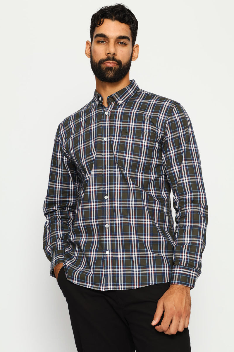 Long Sleeve Button Down Check Shirt - Fatigue/Blue/White