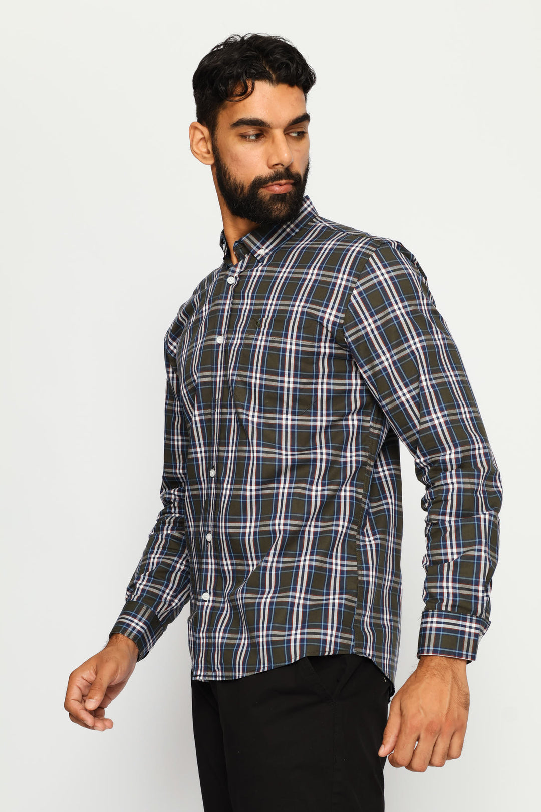 Long Sleeve Button Down Check Shirt - Fatigue/Blue/White