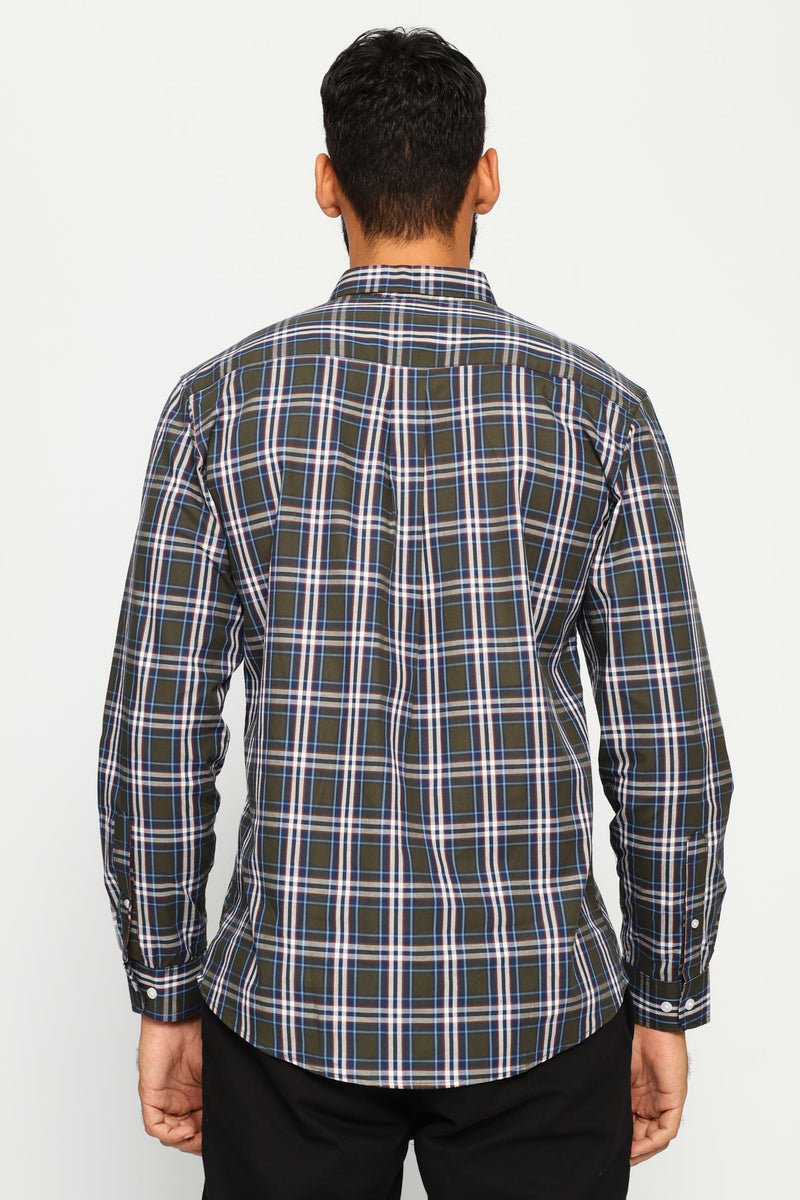Long Sleeve Button Down Check Shirt - Fatigue/Blue/White