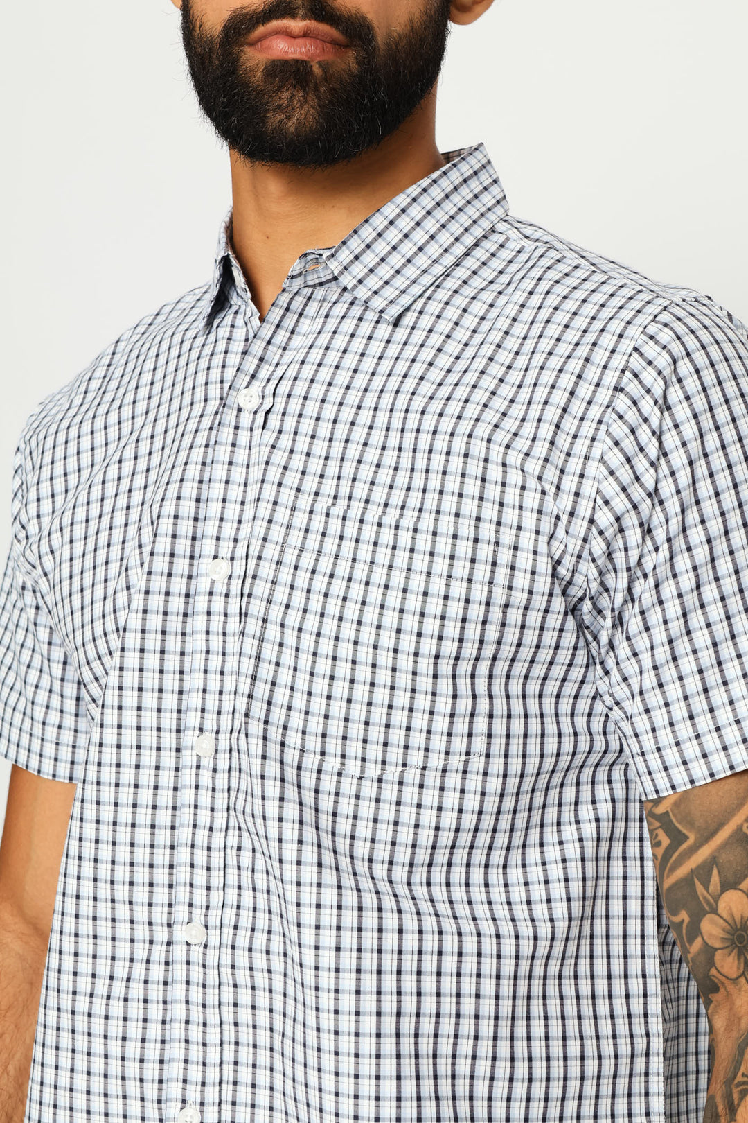 Short Sleeve Regular Check Shirt - White/Navy