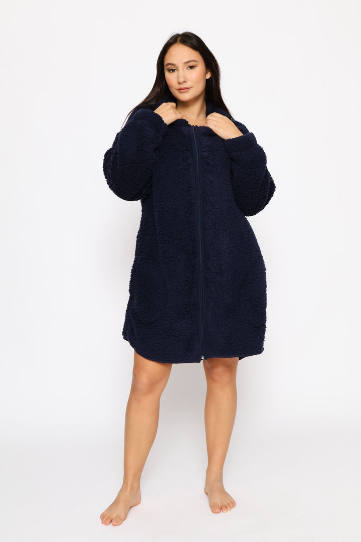 Oversized Zip Through Sherpa Gown - Navy