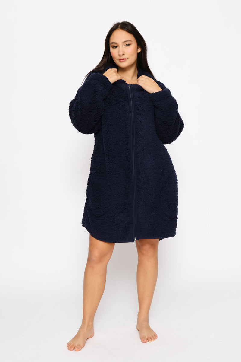 Oversized Zip Through Sherpa Gown - Navy