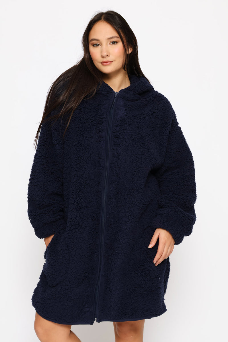 Oversized Zip Through Sherpa Gown - Navy