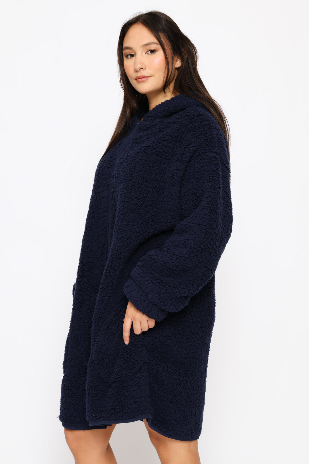 Oversized Zip Through Sherpa Gown - Navy