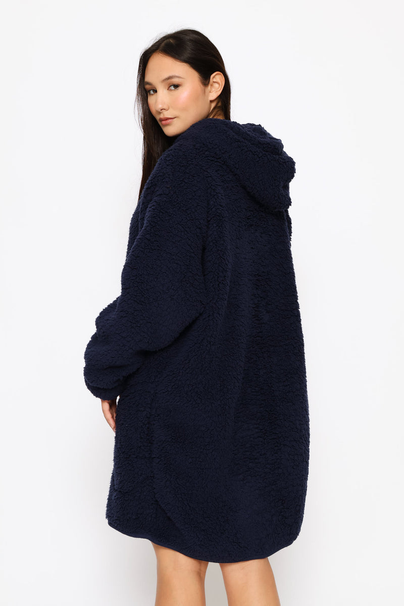 Oversized Zip Through Sherpa Gown - Navy