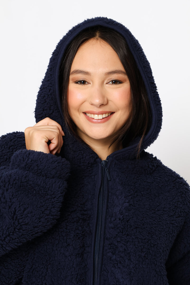 Oversized Zip Through Sherpa Gown - Navy