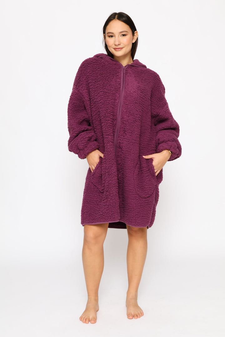 Oversized Zip Through Sherpa Gown - Purple