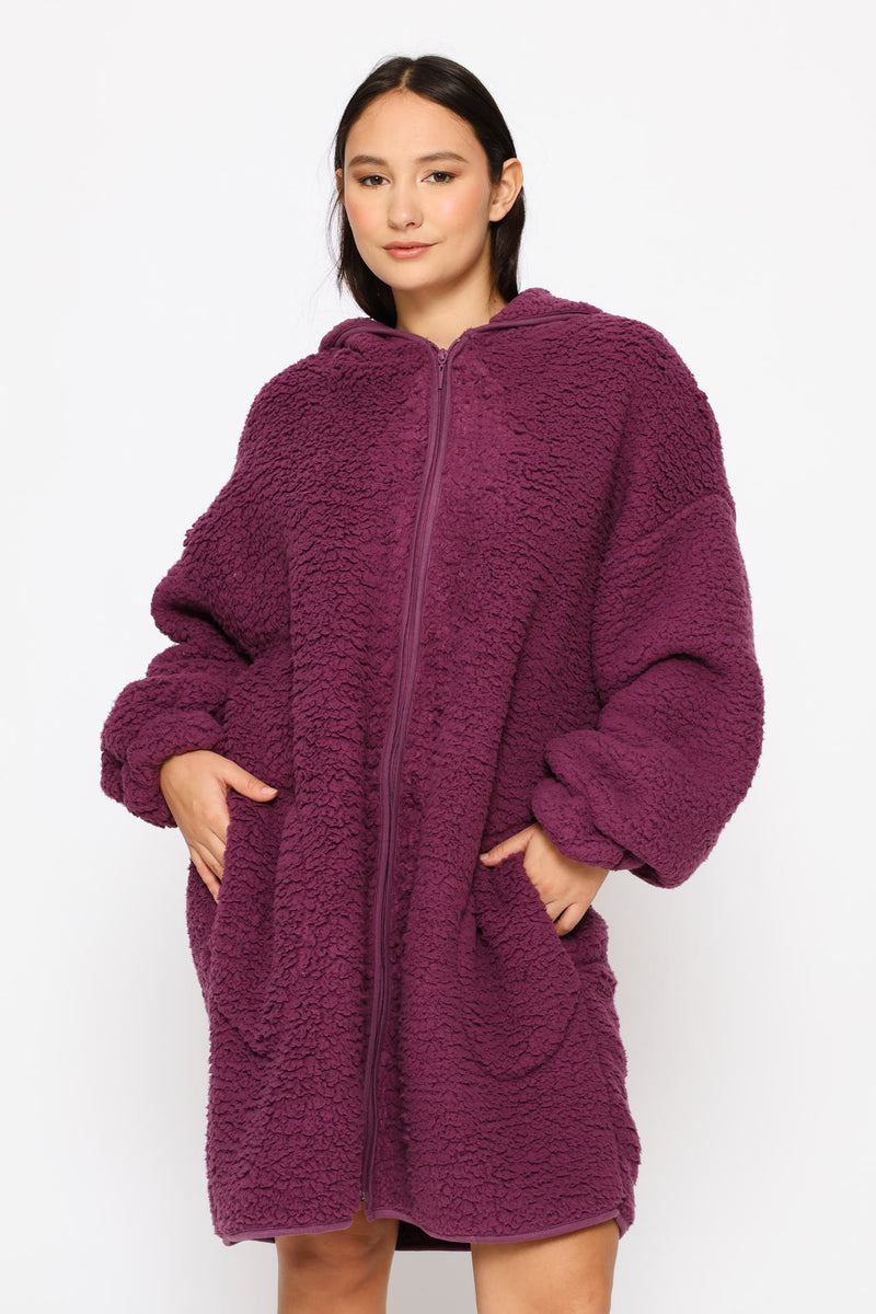 Oversized Zip Through Sherpa Gown - Purple