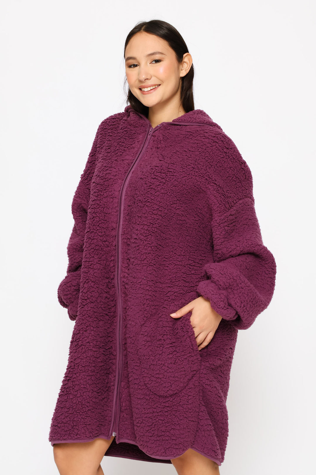 Oversized Zip Through Sherpa Gown - Purple