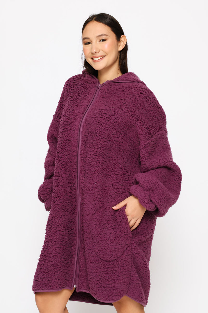 Oversized Zip Through Sherpa Gown - Purple