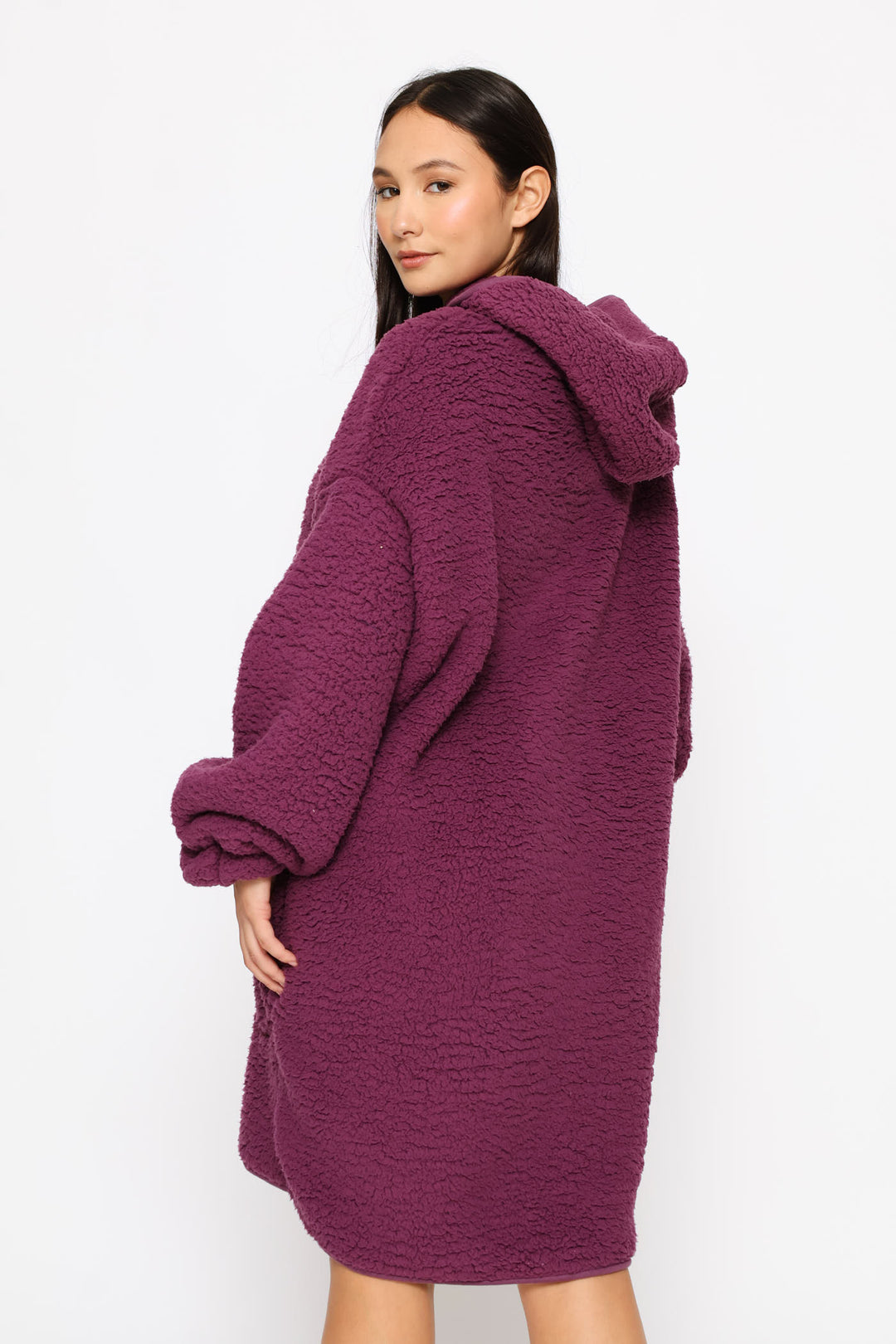 Oversized Zip Through Sherpa Gown - Purple