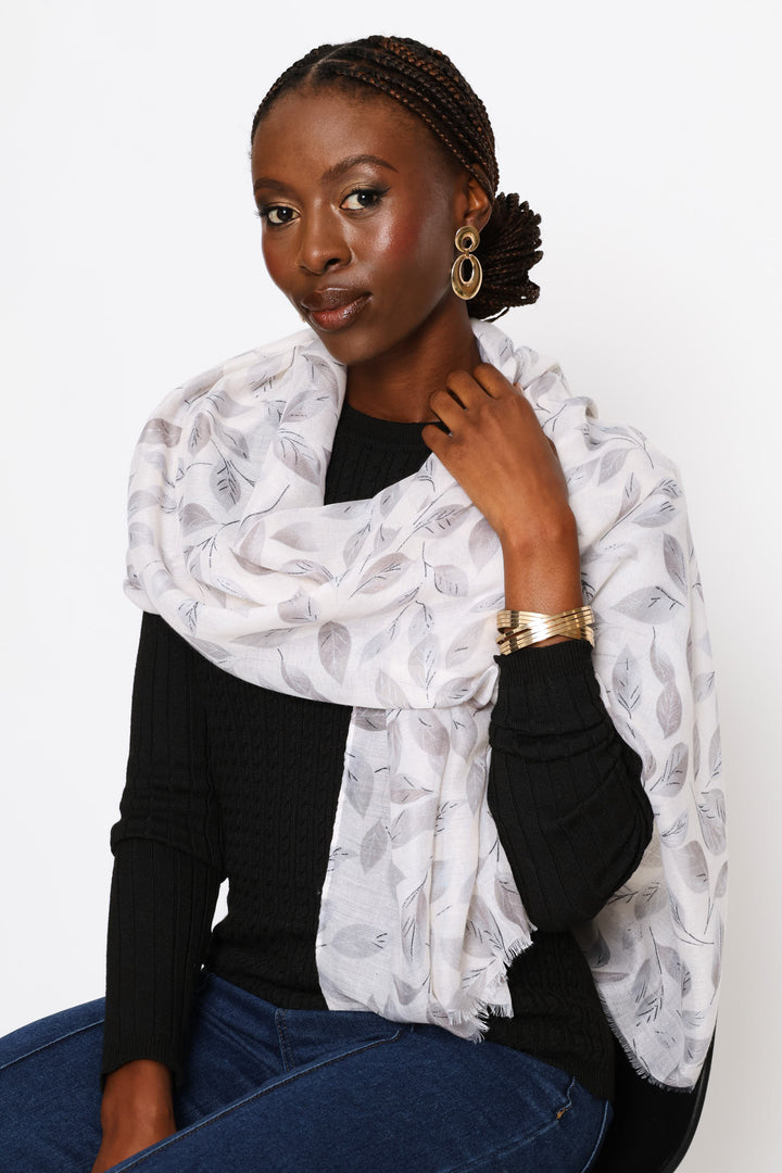 Leaf Print Soft Scarf - Light Grey