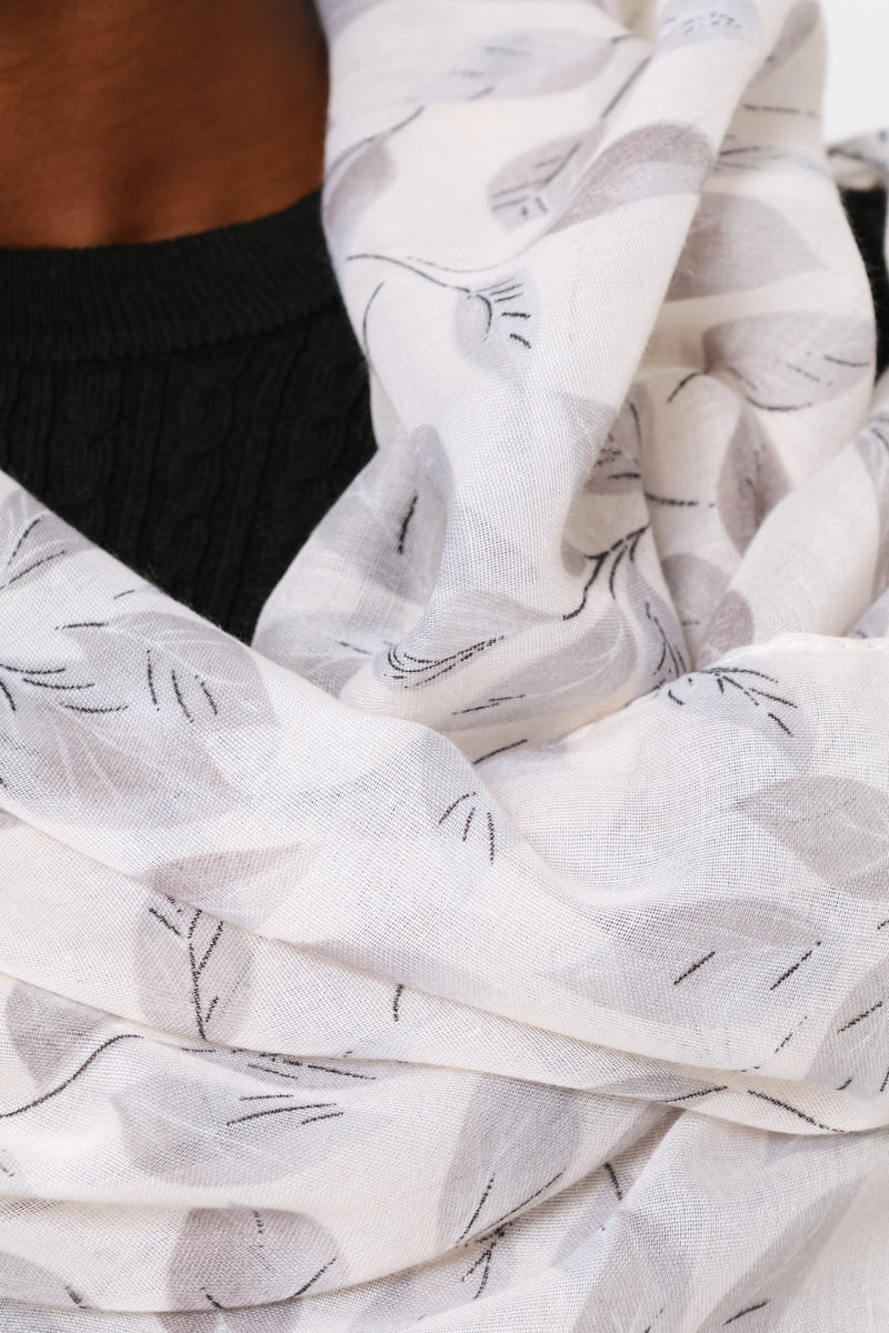 Leaf Print Soft Scarf - Light Grey