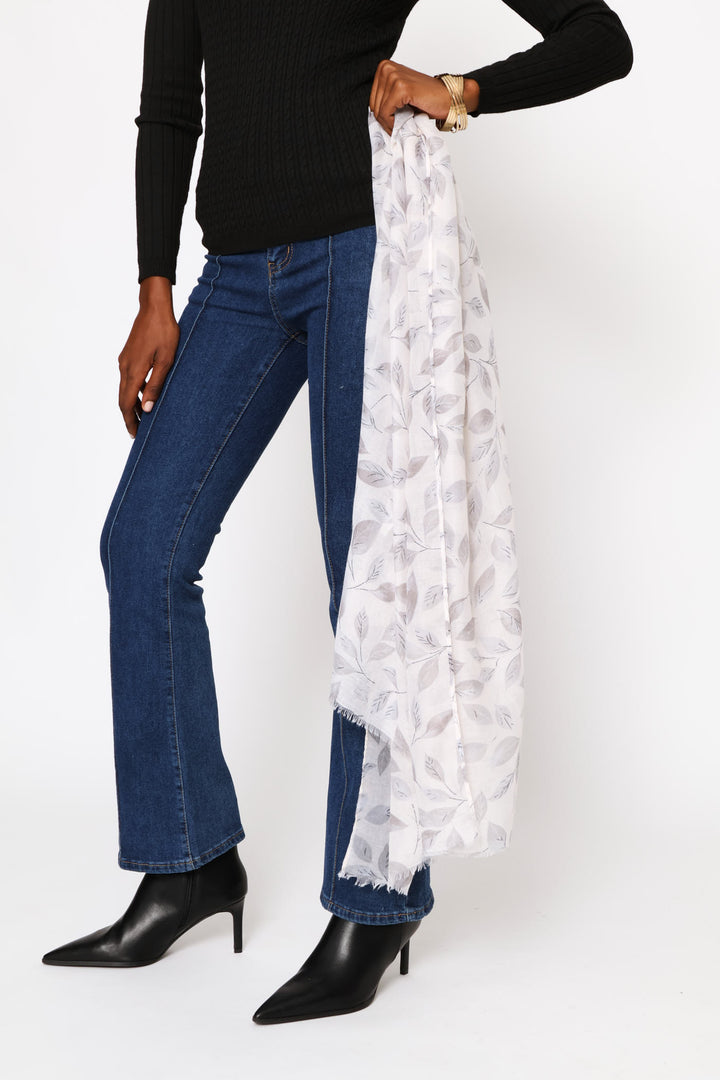 Leaf Print Soft Scarf - Light Grey