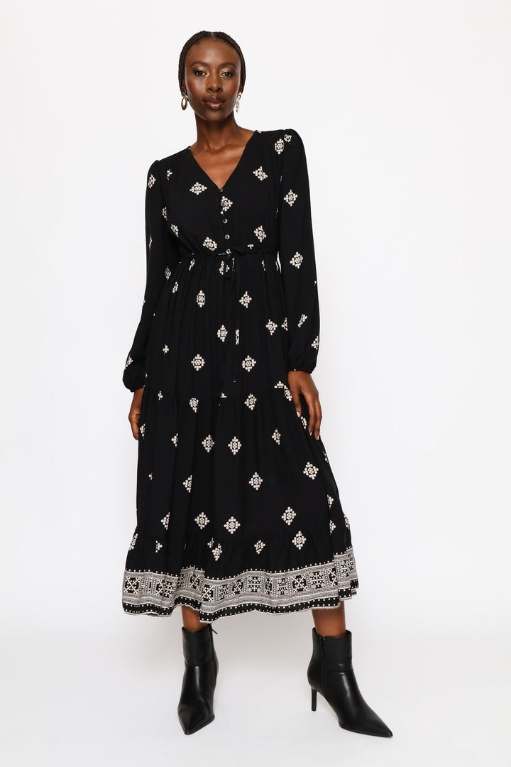 V-Neck Waisted Border Frill Hem Midi Dress - Stone/Black