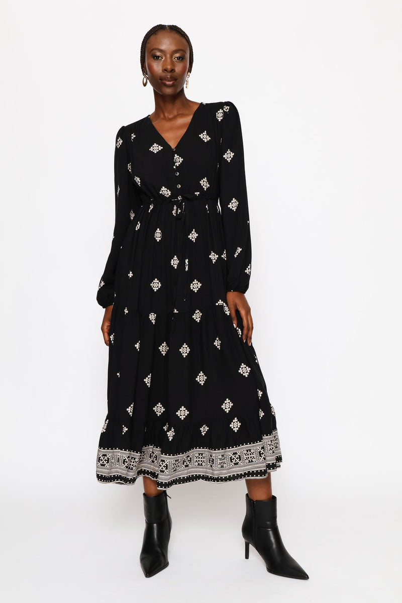 V-Neck Waisted Border Frill Hem Midi Dress - Stone/Black