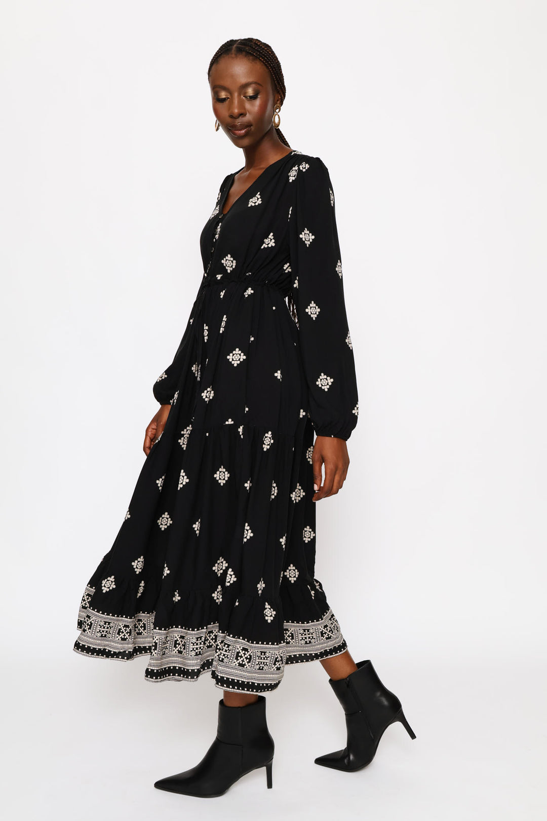 V-Neck Waisted Border Frill Hem Midi Dress - Stone/Black