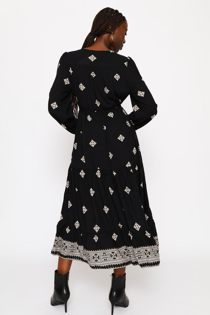 V-Neck Waisted Border Frill Hem Midi Dress - Stone/Black