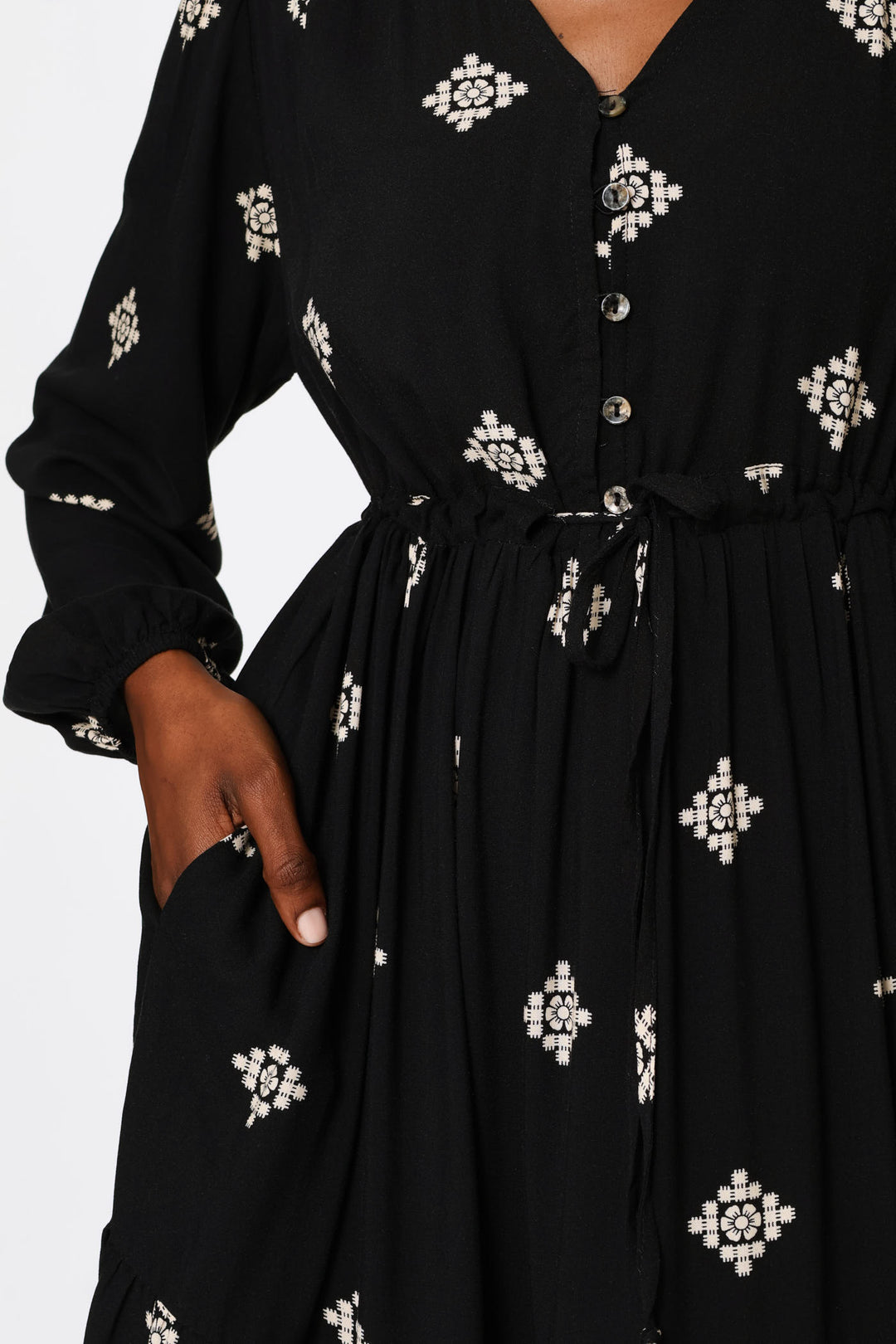 V-Neck Waisted Border Frill Hem Midi Dress - Stone/Black