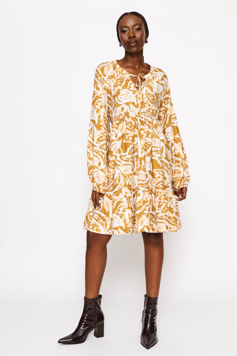 Long Sleeve Tie-Neck Tiered Boho Mini Dress - Ochre/Cream