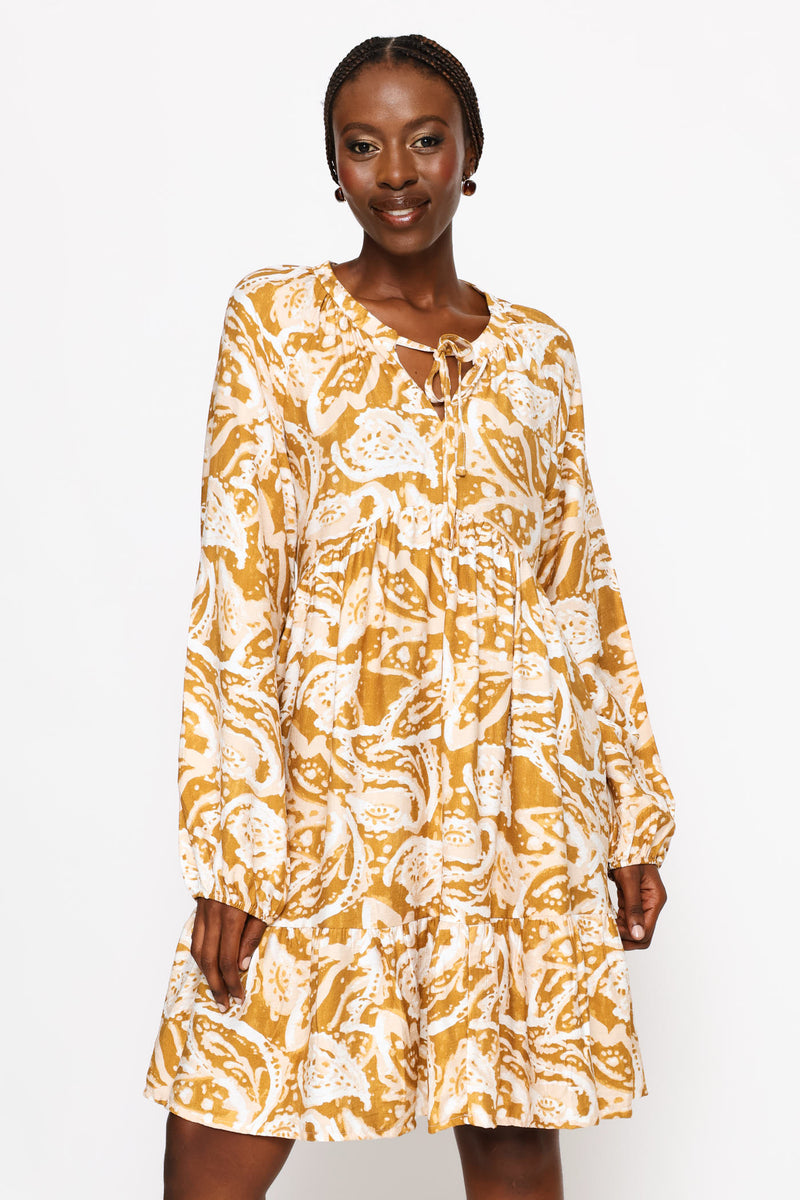 Long Sleeve Tie-Neck Tiered Boho Mini Dress - Ochre/Cream