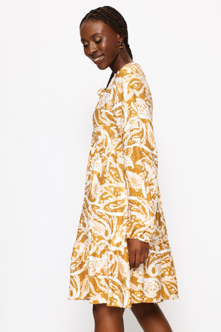 Long Sleeve Tie-Neck Tiered Boho Mini Dress - Ochre/Cream