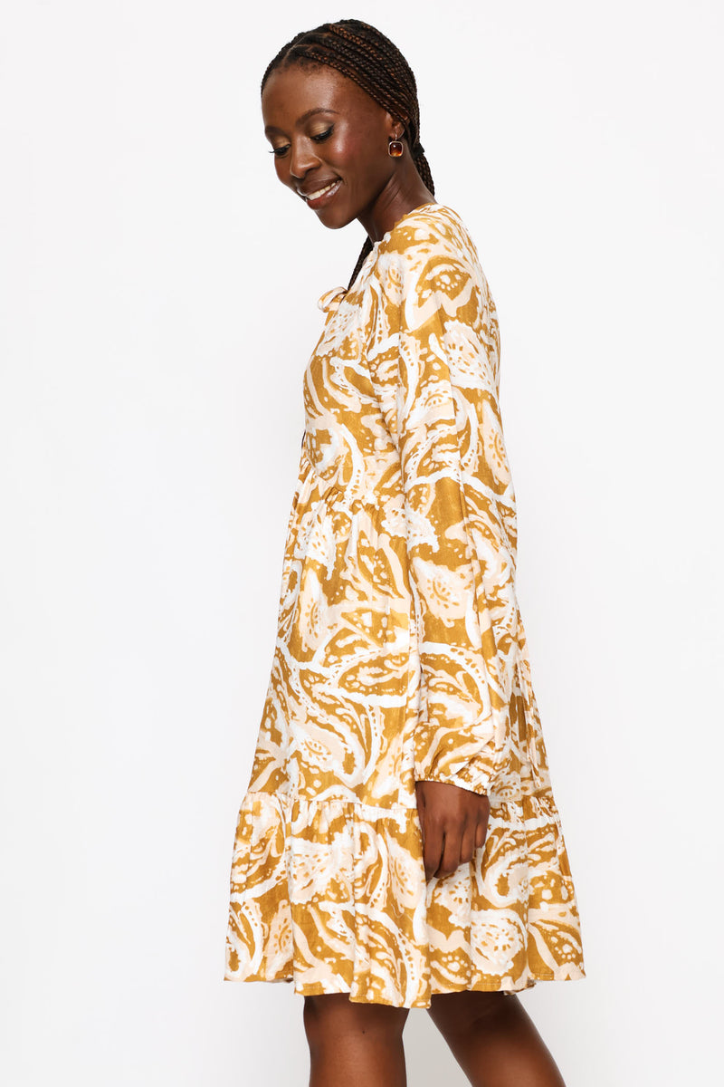 Long Sleeve Tie-Neck Tiered Boho Mini Dress - Ochre/Cream