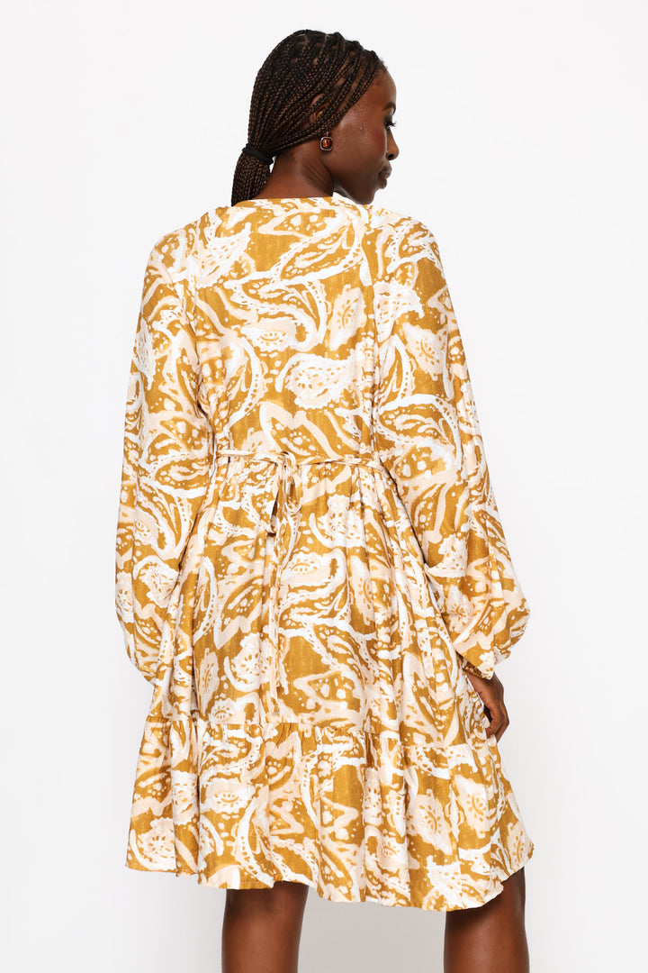 Long Sleeve Tie-Neck Tiered Boho Mini Dress - Ochre/Cream