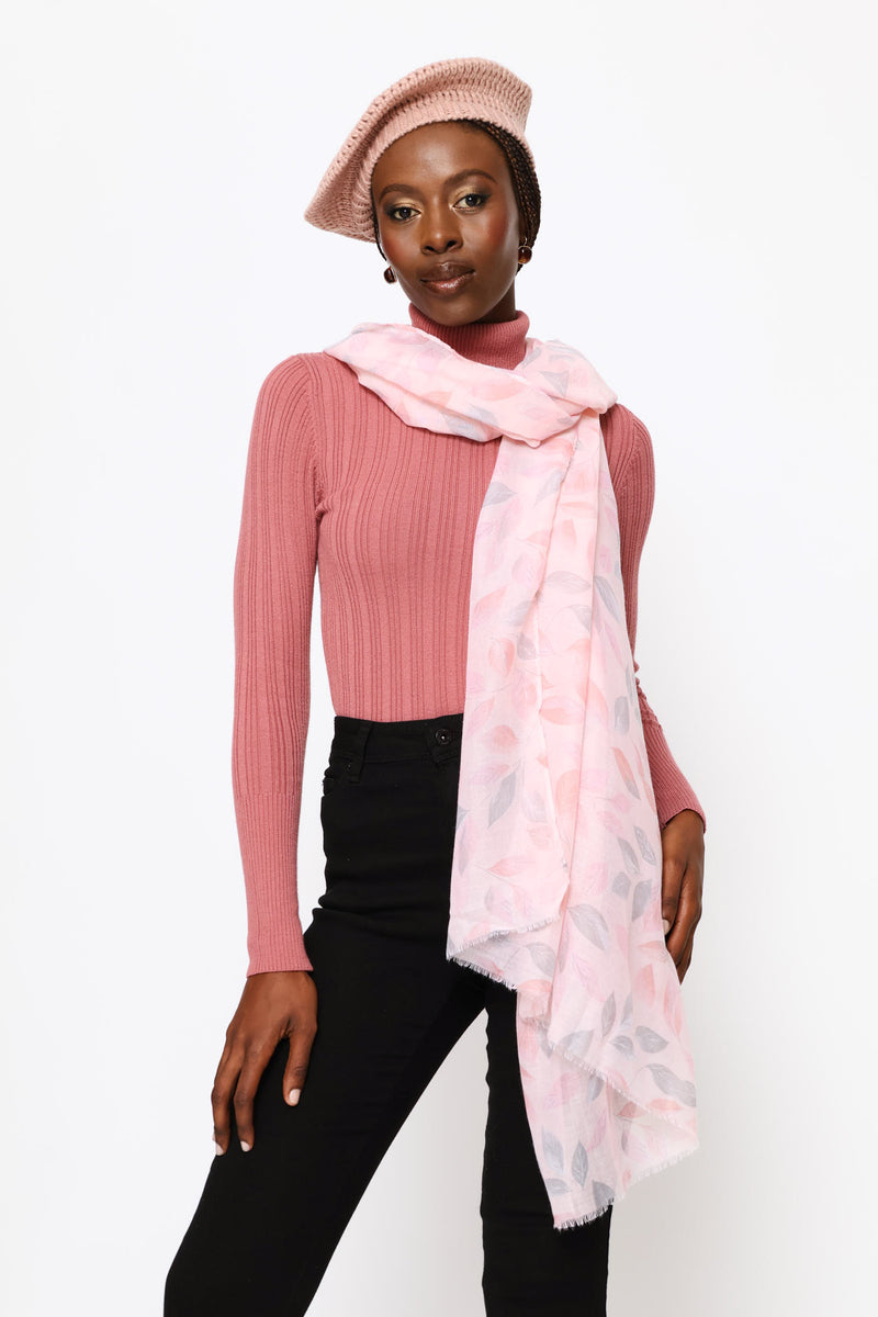 Leaf Print Soft Scarf - Blush Pink