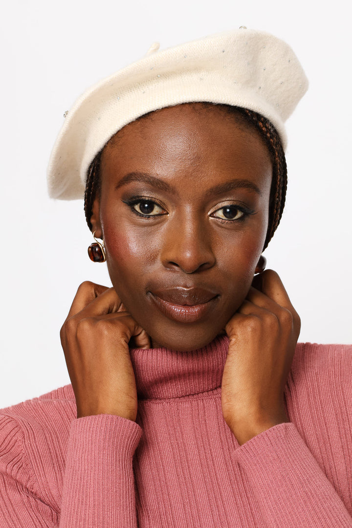 Jewel Embellished Beret - Cream