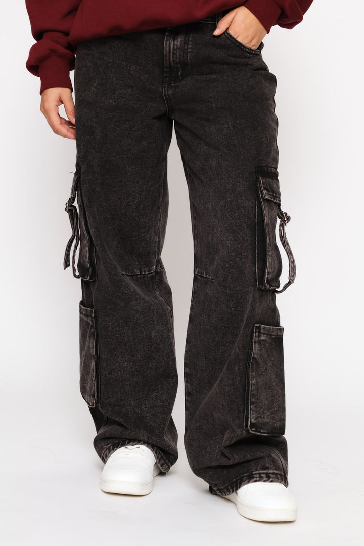 Multi Cargo Pocket 90'S Wide Leg Denim - Salty Black