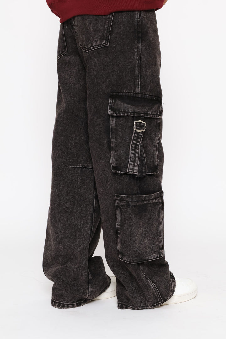 Multi Cargo Pocket 90'S Wide Leg Denim - Salty Black