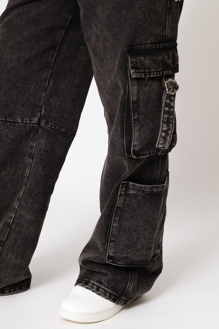 Multi Cargo Pocket 90'S Wide Leg Denim - Salty Black