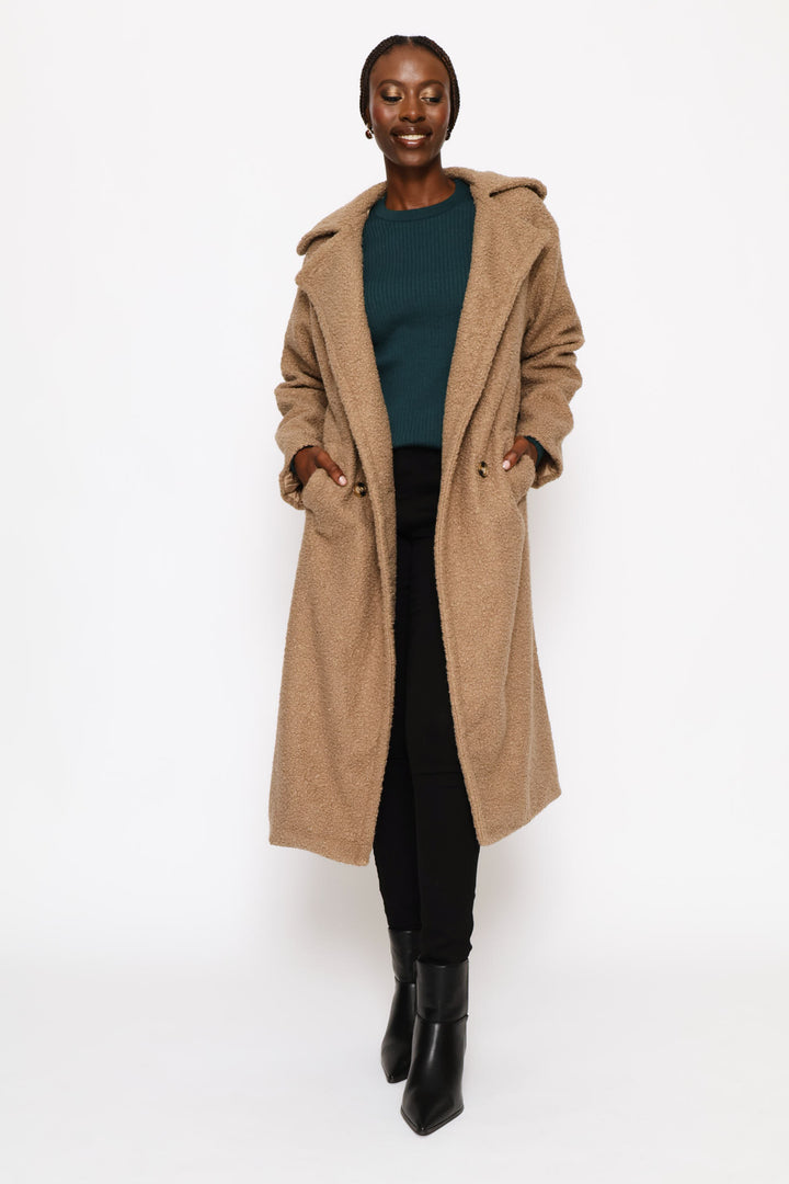 Wide Shawl Boucle Lined Coat - Oatmeal Melange