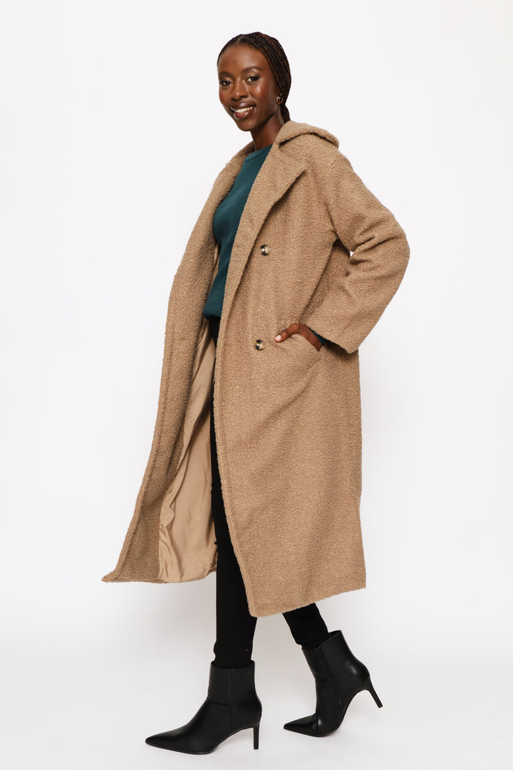 Wide Shawl Boucle Lined Coat - Oatmeal Melange