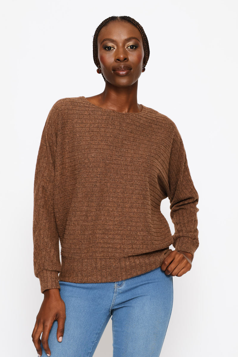 Dolman Sleeve Ribbed Top - Chocolate