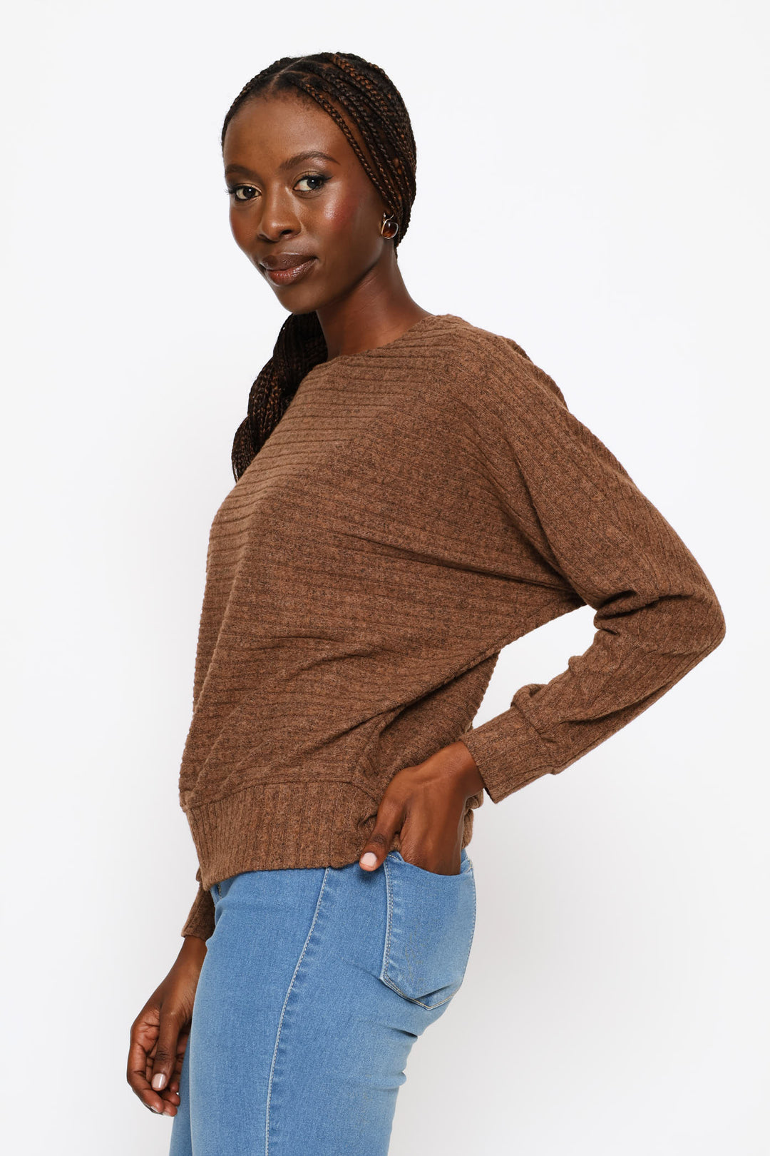 Dolman Sleeve Ribbed Top - Chocolate