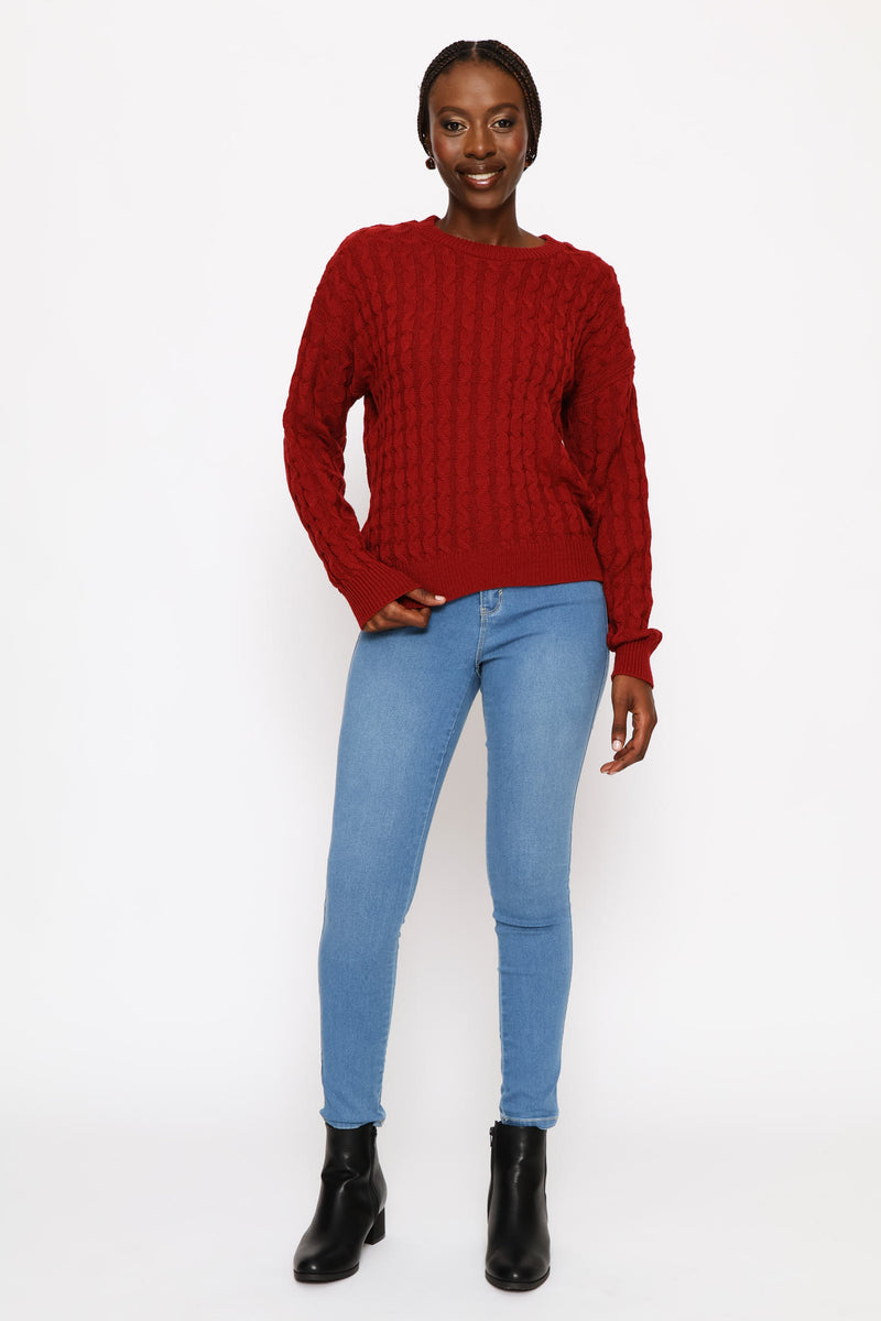 Long Sleeve Wide Cable Pullover - Deep Red