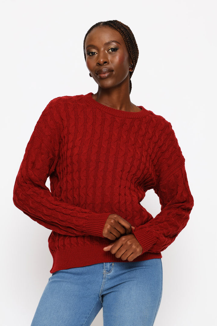 Long Sleeve Wide Cable Pullover - Deep Red
