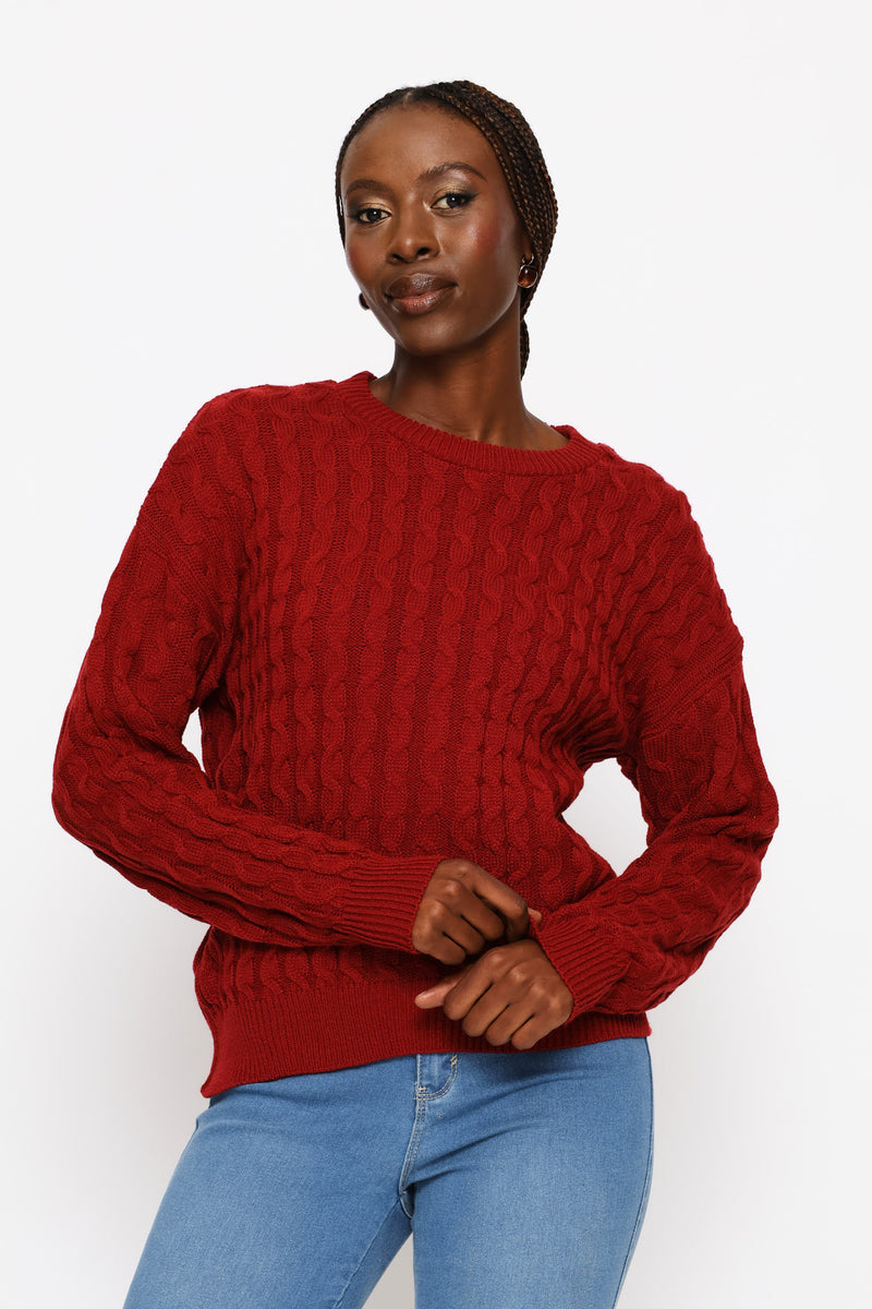Long Sleeve Wide Cable Pullover - Deep Red